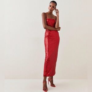 Karen Millen Red Sequin Maxi Dress Spaghetti Strap Bodycon Evening Size 4